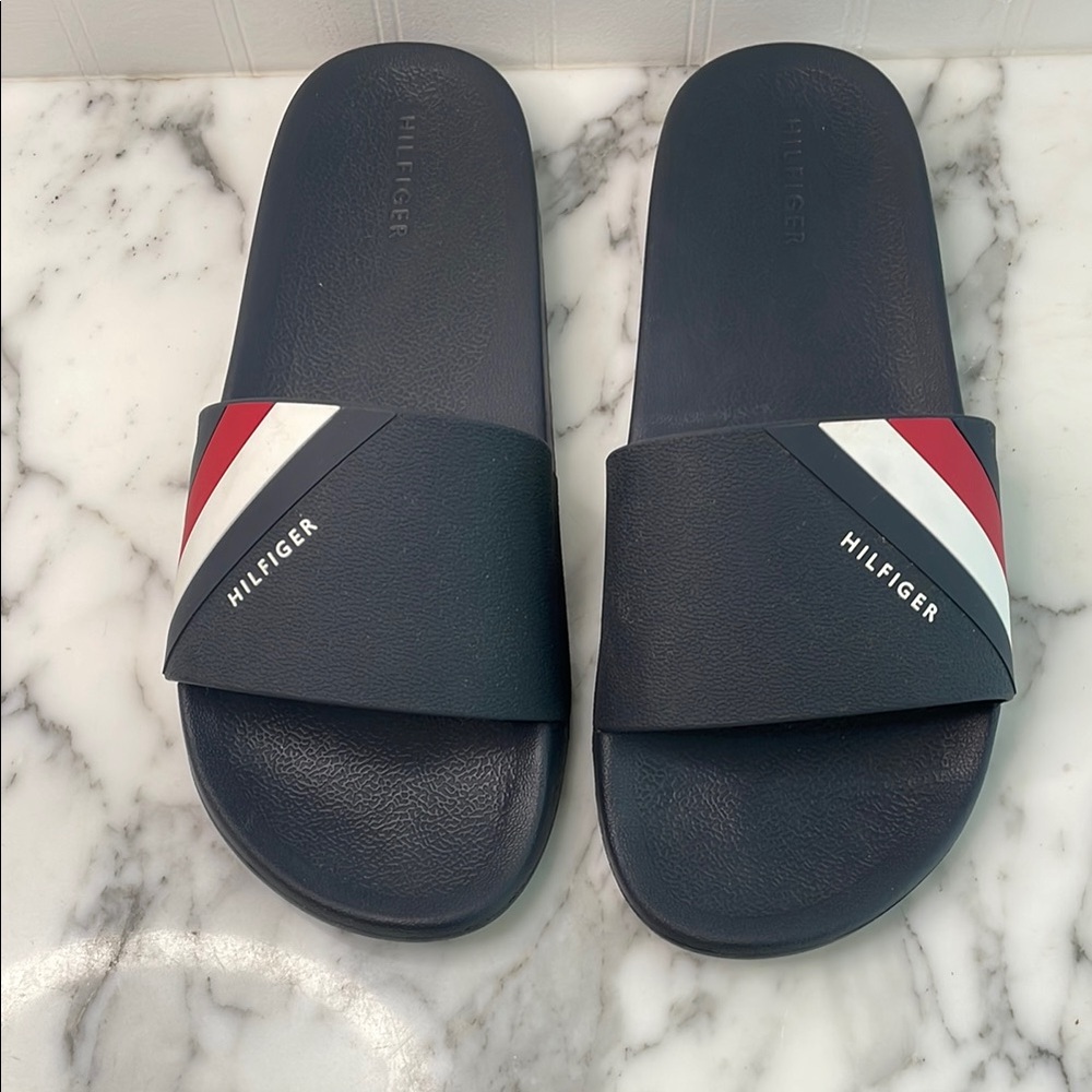Tommy Hilfiger Navy Slides with Red and White Accents